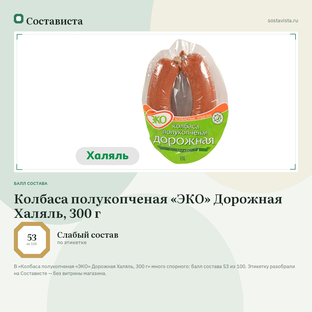 Колбаса полукопченая «ЭКО» Дорожная Халяль, 300 г: балл состава 53 из 100 — Состависта
