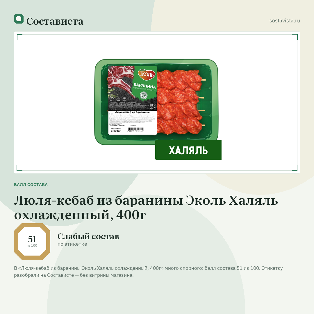 Люля-кебаб из баранины Эколь Халяль охлажденный, 400г: балл состава 51 из 100 — Состависта