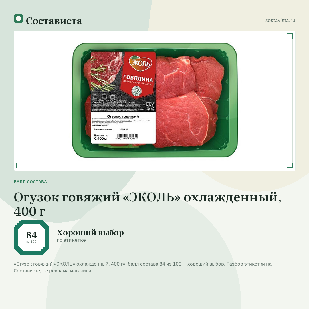 Огузок говяжий «ЭКОЛЬ» охлажденный, 400 г: балл состава 84 из 100 — Состависта
