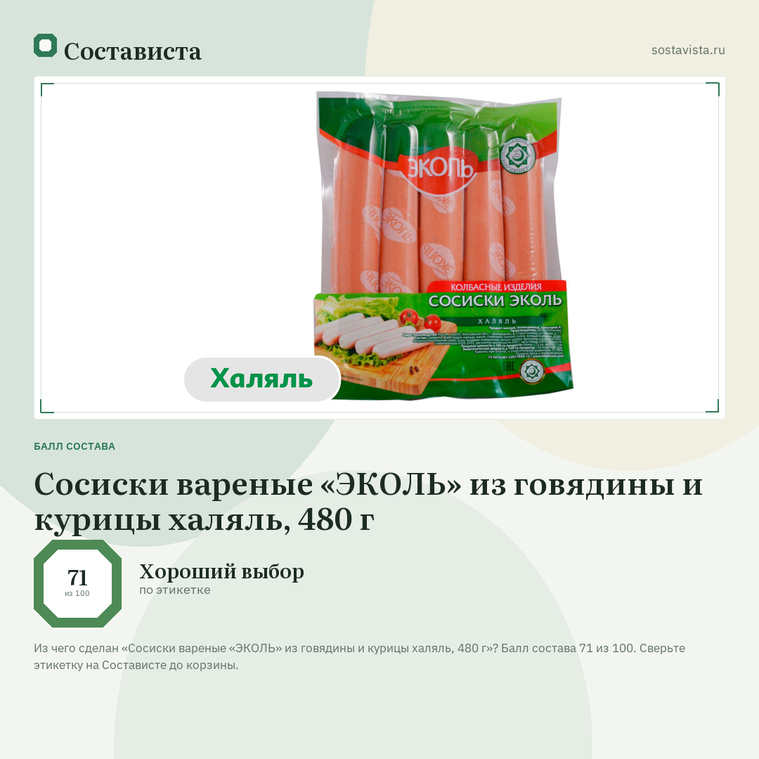 Сосиски вареные «ЭКОЛЬ» из говядины и курицы халяль, 480 г: балл состава 71 из 100 — Состависта