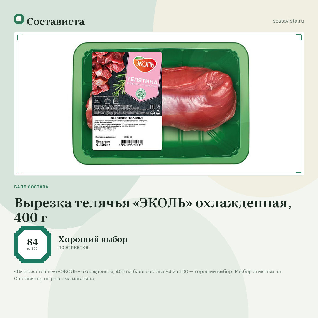 Вырезка телячья «ЭКОЛЬ» охлажденная, 400 г: балл состава 84 из 100 — Состависта