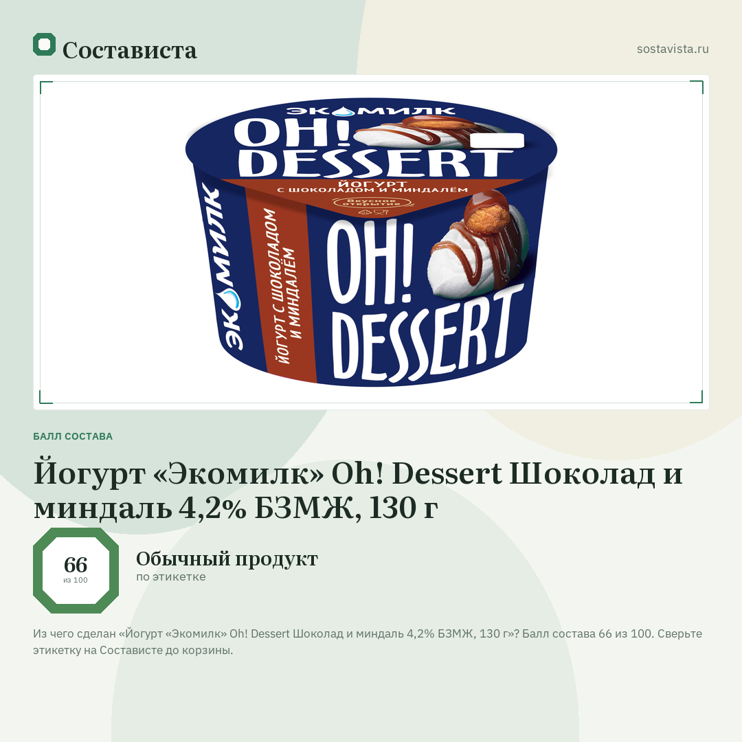 Йогурт «Экомилк» Oh! Dessert Шоколад и миндаль 4,2% БЗМЖ, 130 г: балл состава 66 из 100 — Состависта