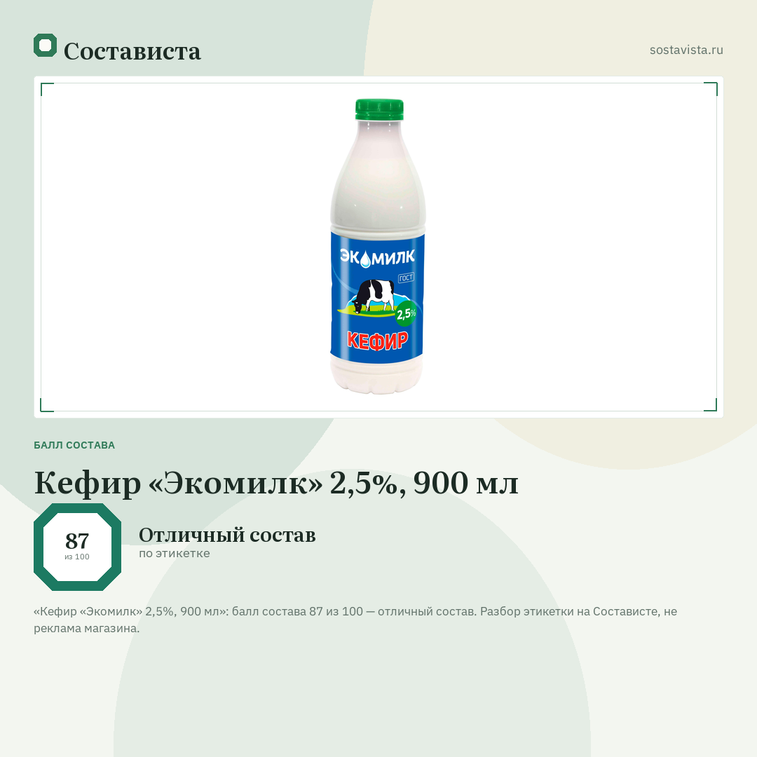 Кефир «Экомилк» 2,5%, 900 мл: балл состава 87 из 100 — Состависта
