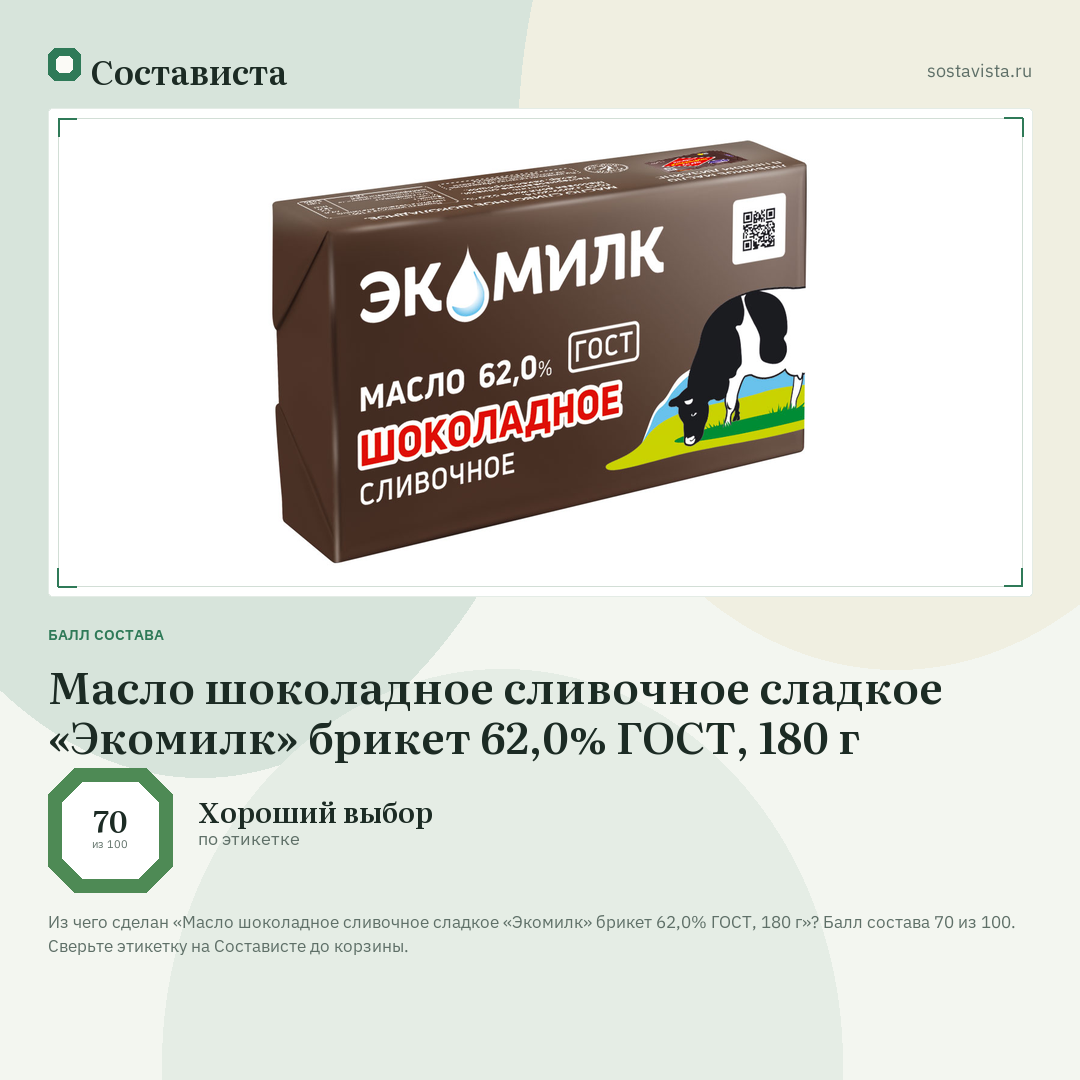 Масло шоколадное сливочное сладкое «Экомилк» брикет 62,0% ГОСТ, 180 г: балл состава 70 из 100 — Состависта