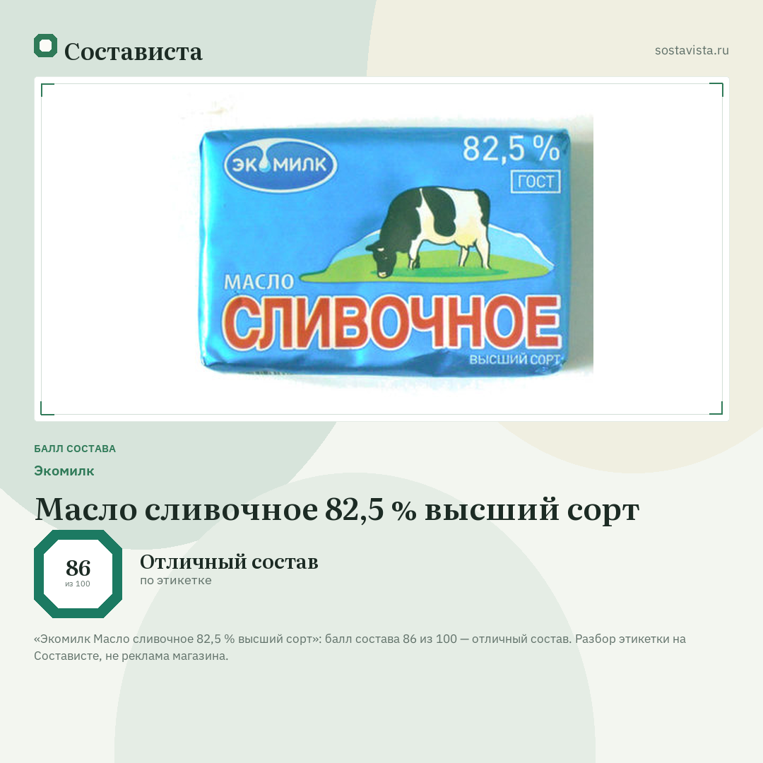 Экомилк Масло сливочное 82,5 % высший сорт: балл состава 86 из 100 — Состависта