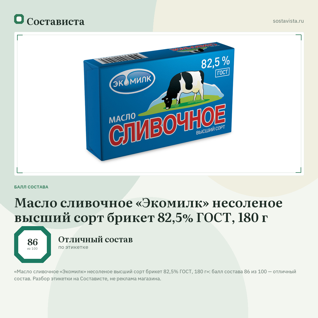Масло сливочное «Экомилк» несоленое высший сорт брикет 82,5% ГОСТ, 180 г: балл состава 86 из 100 — Состависта