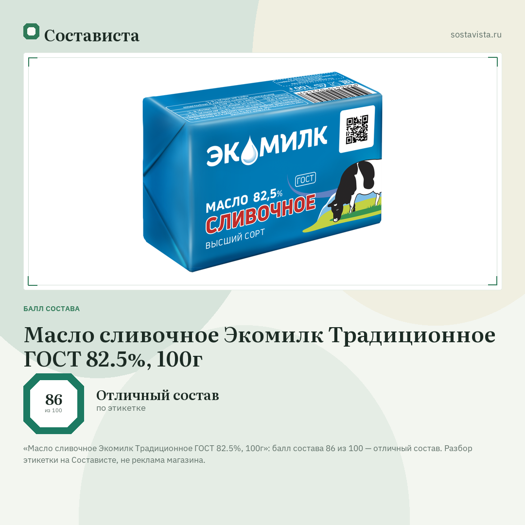Масло сливочное Экомилк Традиционное ГОСТ 82.5%, 100г: балл состава 86 из 100 — Состависта