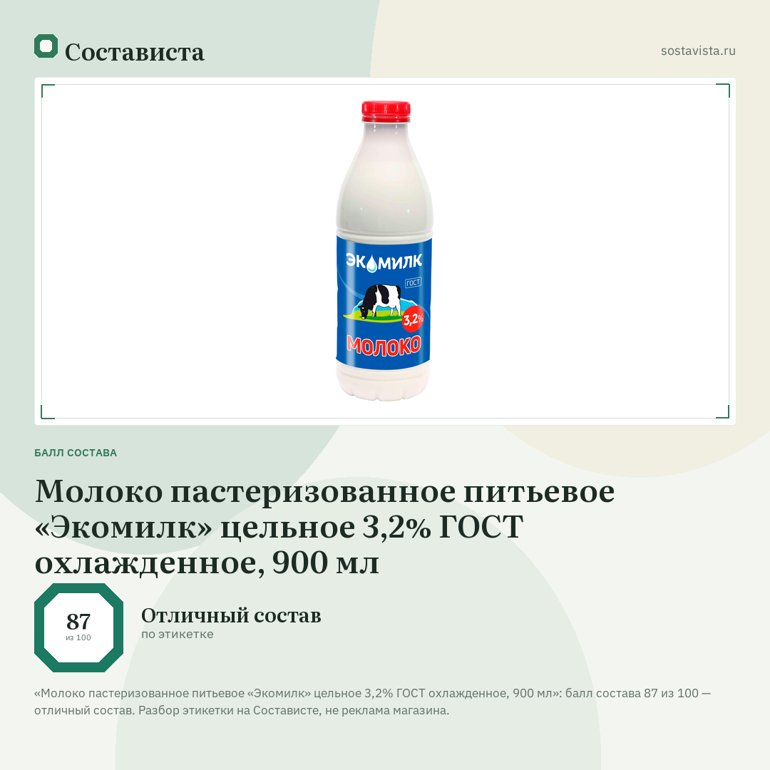 Молоко пастеризованное питьевое «Экомилк» цельное 3,2% ГОСТ охлажденное, 900 мл: балл состава 87 из 100 — Состависта