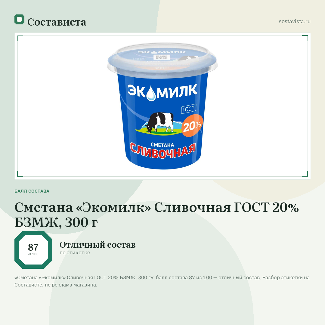 Сметана «Экомилк» Сливочная ГОСТ 20% БЗМЖ, 300 г: балл состава 87 из 100 — Состависта