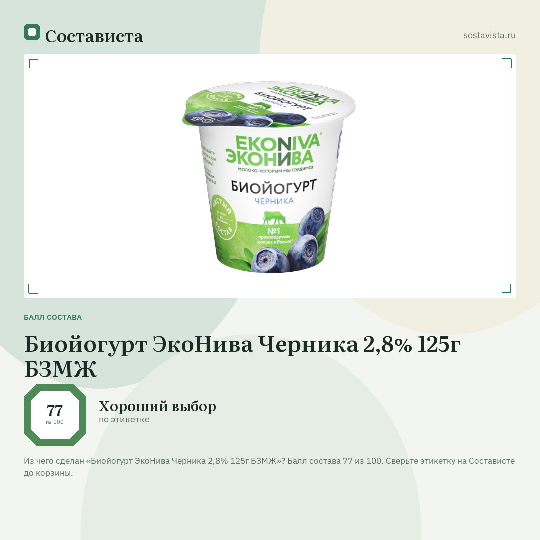 Биойогурт ЭкоНива Черника 2,8% 125г БЗМЖ: балл состава 77 из 100 — Состависта