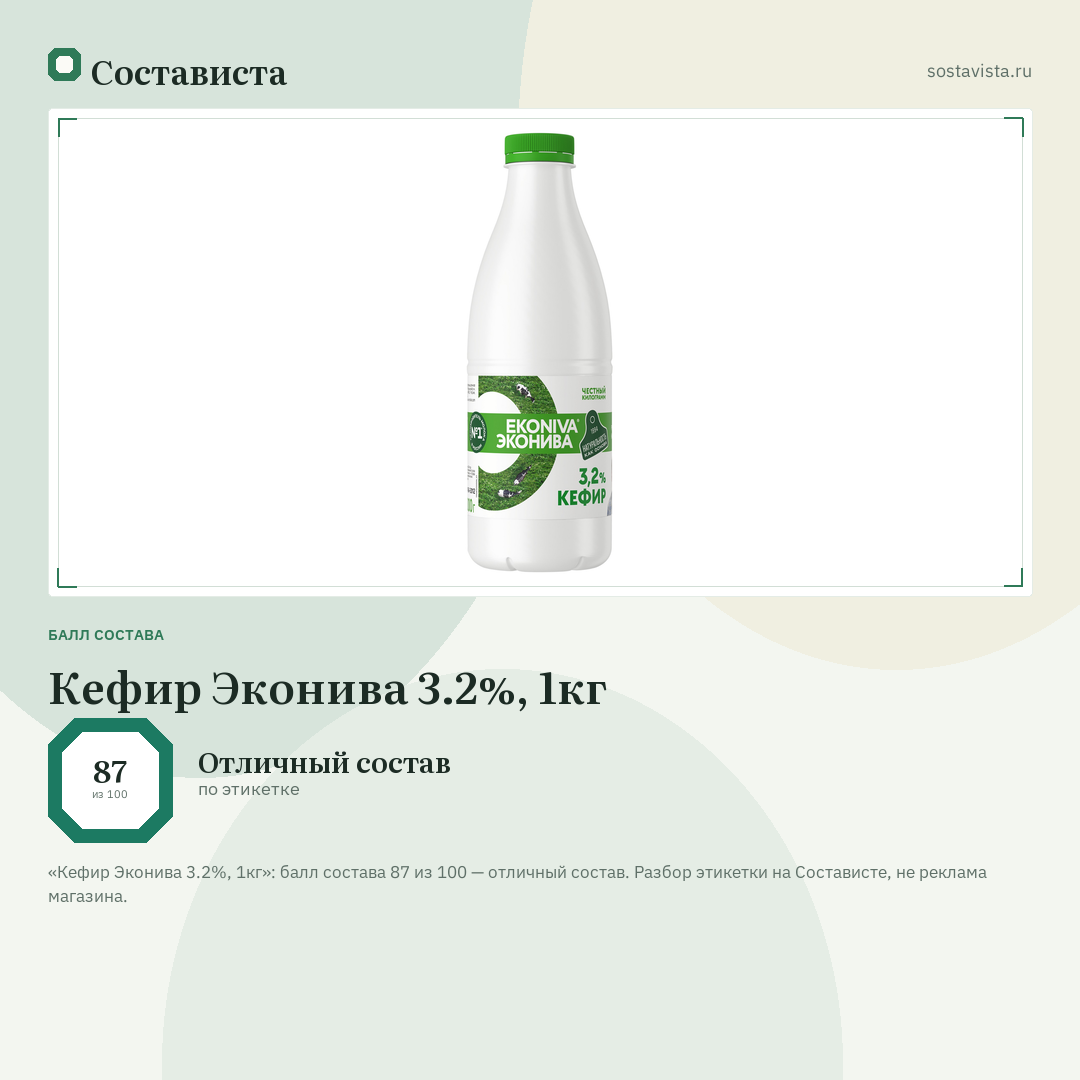 Кефир Эконива 3.2%, 1кг: балл состава 87 из 100 — Состависта