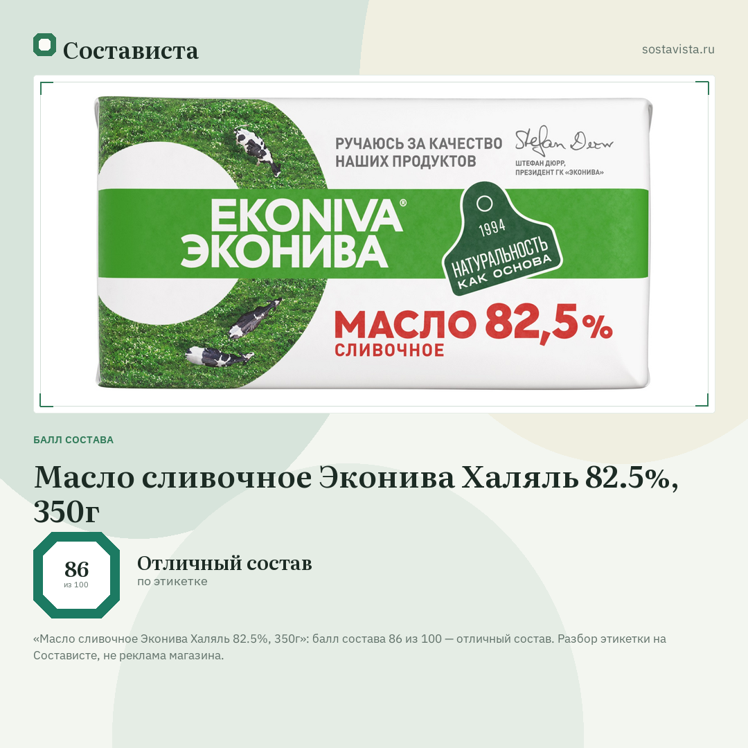 Масло сливочное Эконива Халяль 82.5%, 350г: балл состава 86 из 100 — Состависта