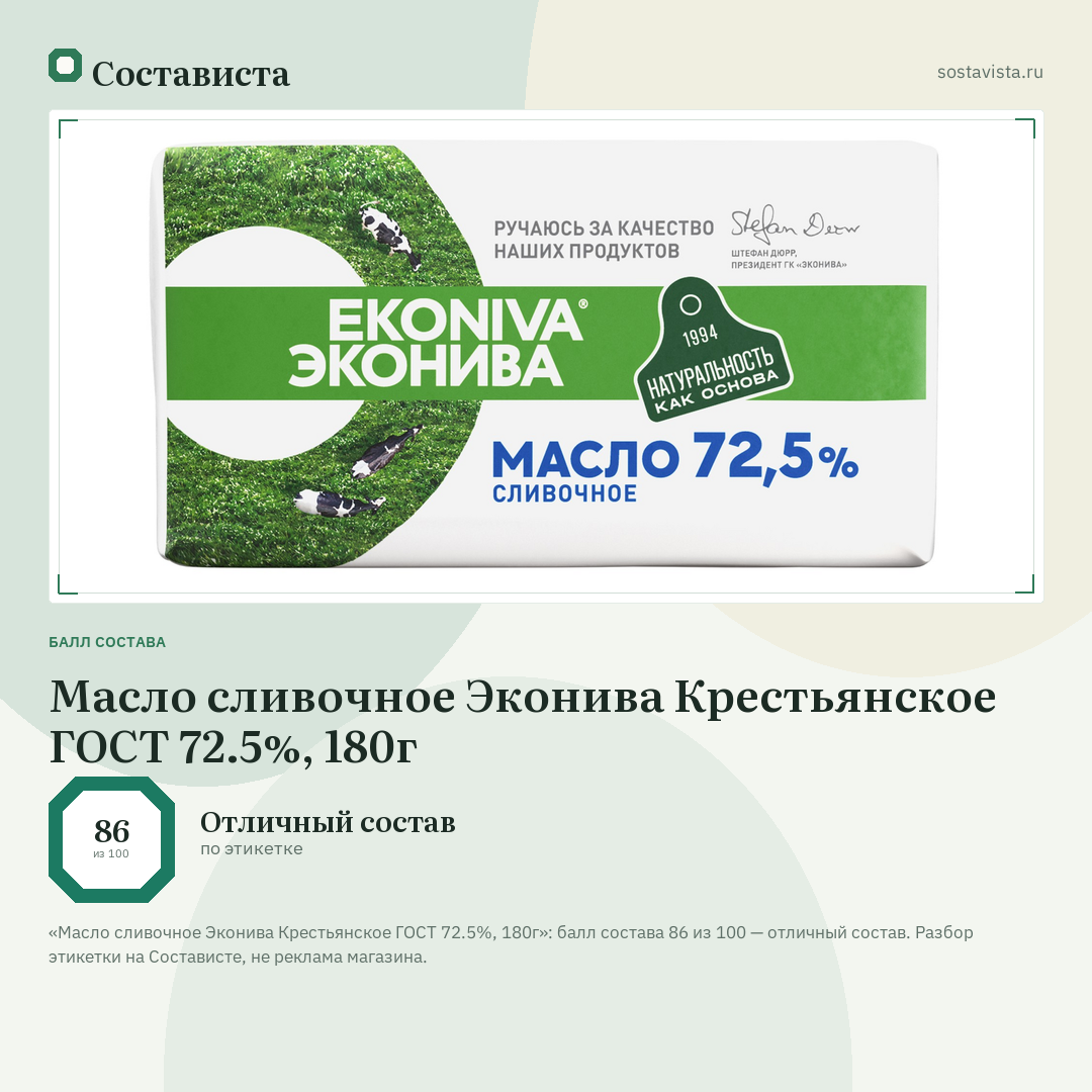 Масло сливочное Эконива Крестьянское ГОСТ 72.5%, 180г: балл состава 86 из 100 — Состависта