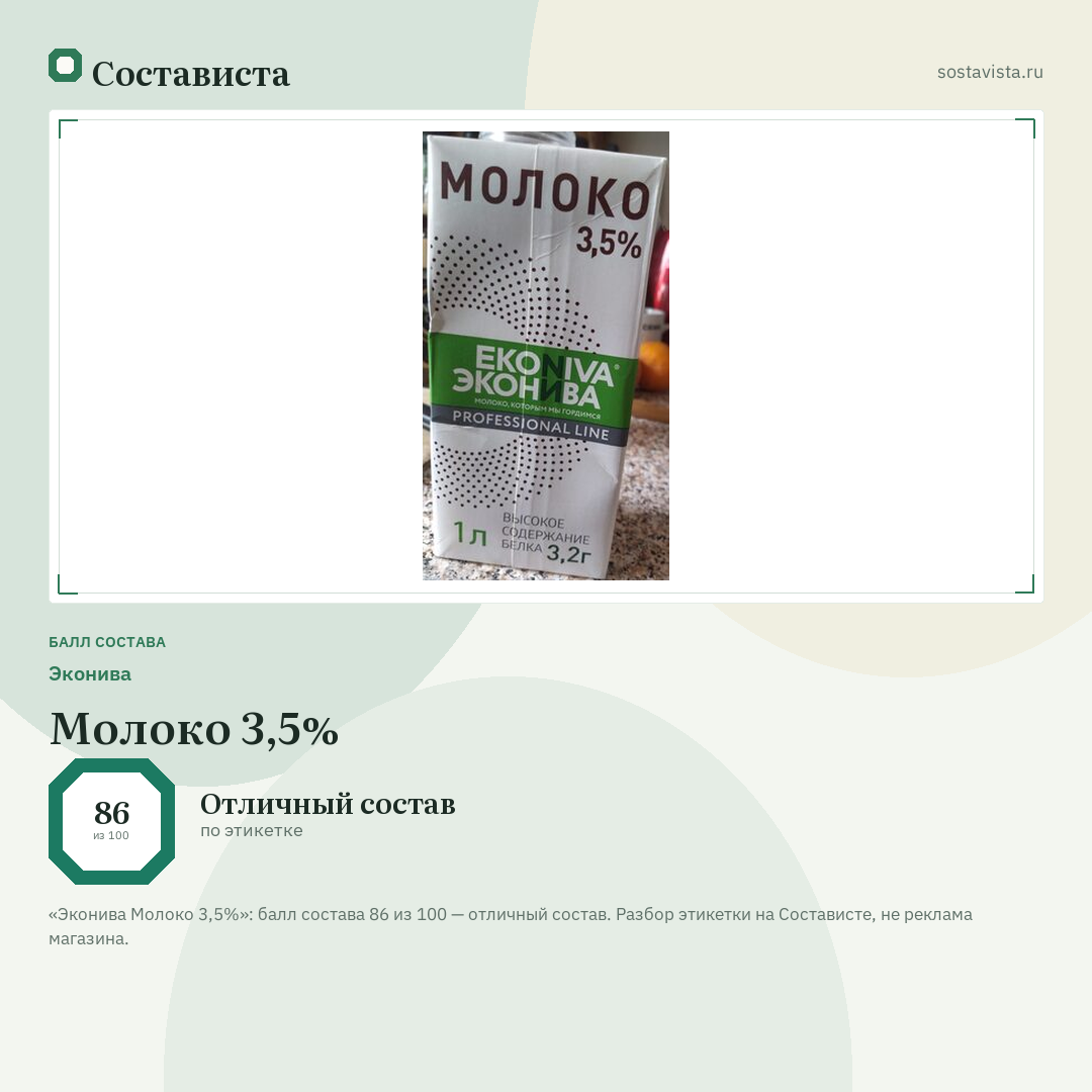 Эконива Молоко 3,5%: балл состава 86 из 100 — Состависта