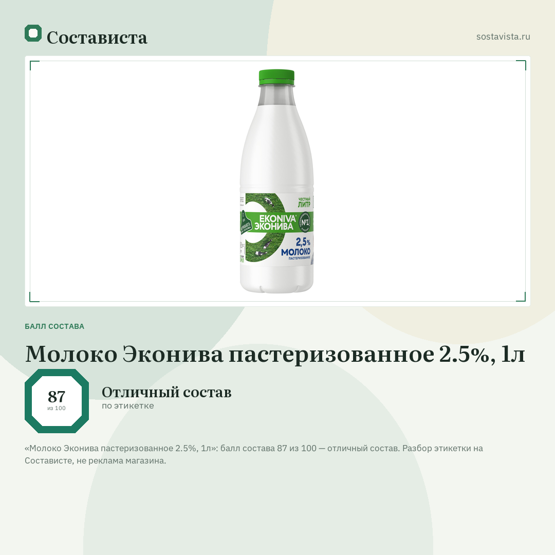Молоко Эконива пастеризованное 2.5%, 1л: балл состава 87 из 100 — Состависта