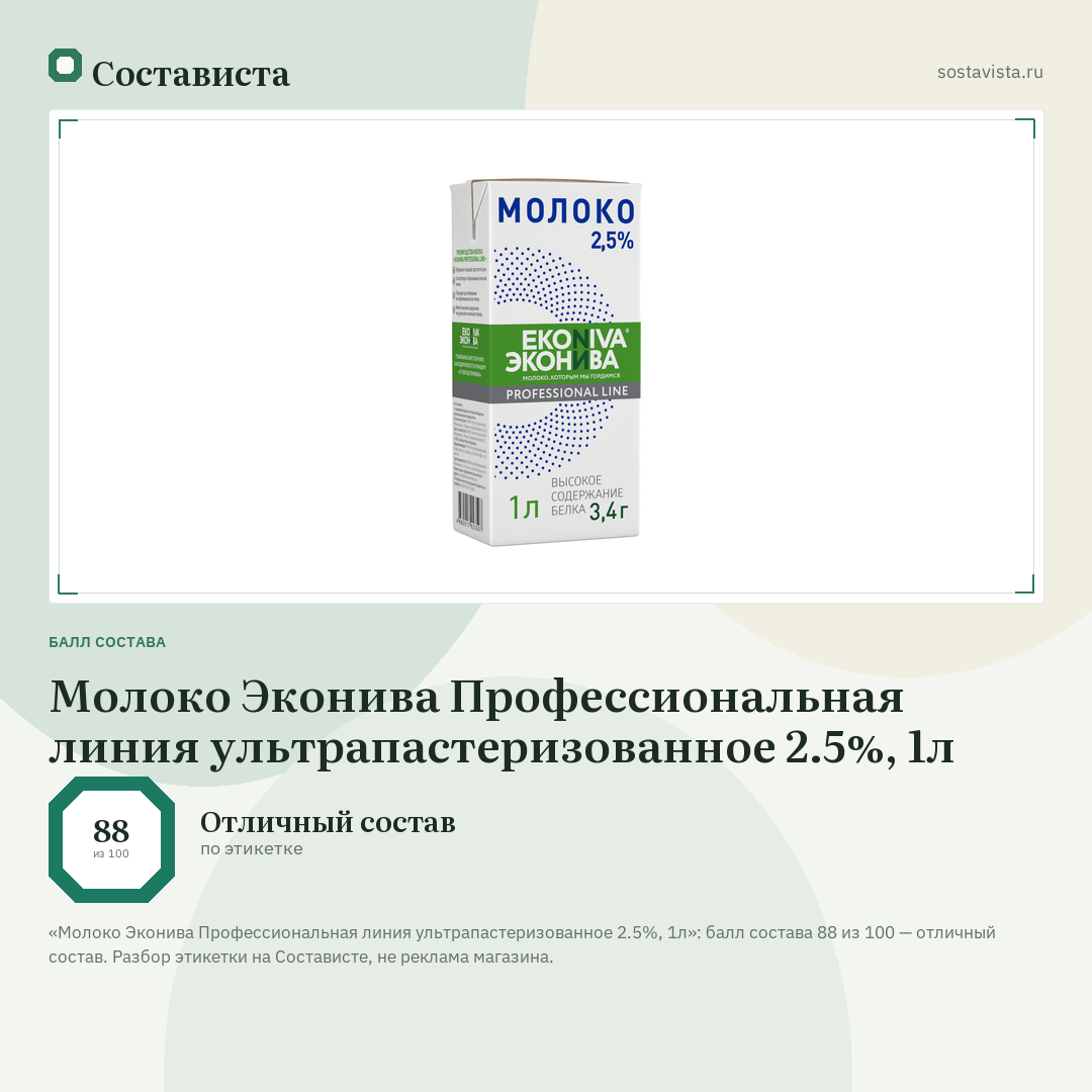 Молоко Эконива Профессиональная линия ультрапастеризованное 2.5%, 1л: балл состава 88 из 100 — Состависта