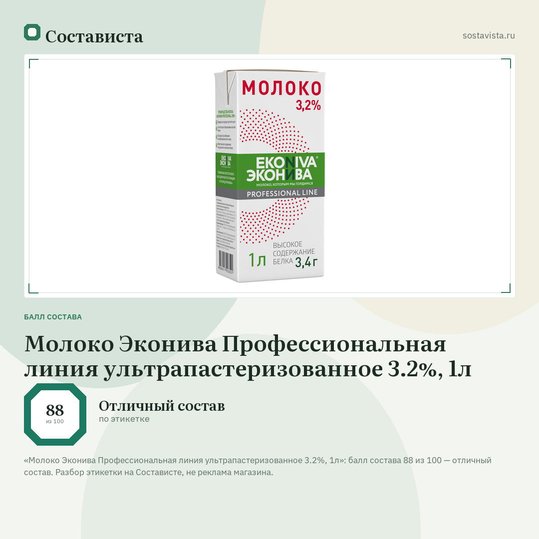 Молоко Эконива Профессиональная линия ультрапастеризованное 3.2%, 1л: балл состава 88 из 100 — Состависта