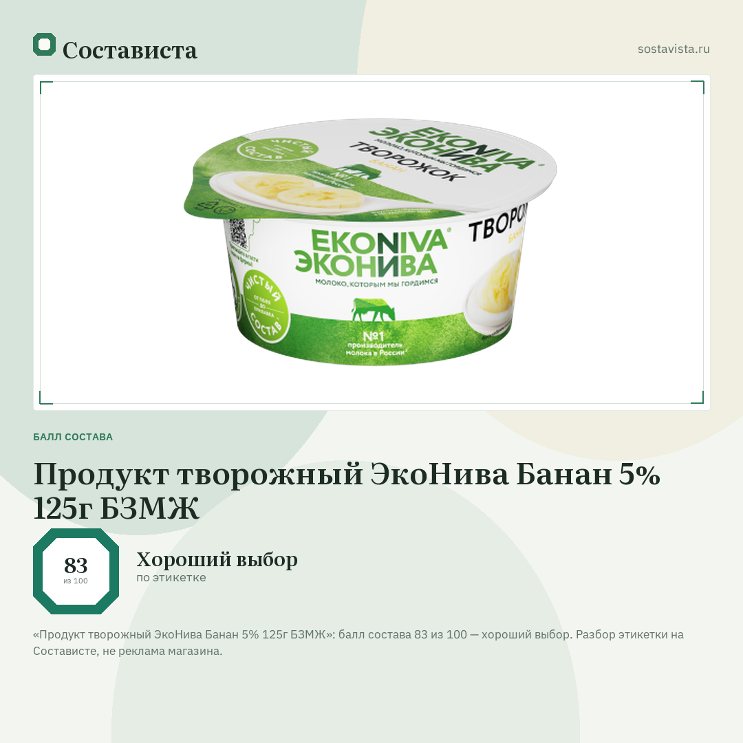 Продукт творожный ЭкоНива Банан 5% 125г БЗМЖ: балл состава 83 из 100 — Состависта