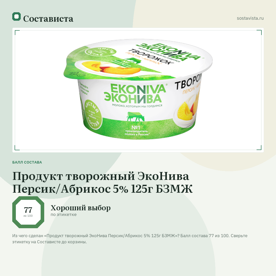 Продукт творожный ЭкоНива Персик/Абрикос 5% 125г БЗМЖ: балл состава 77 из 100 — Состависта
