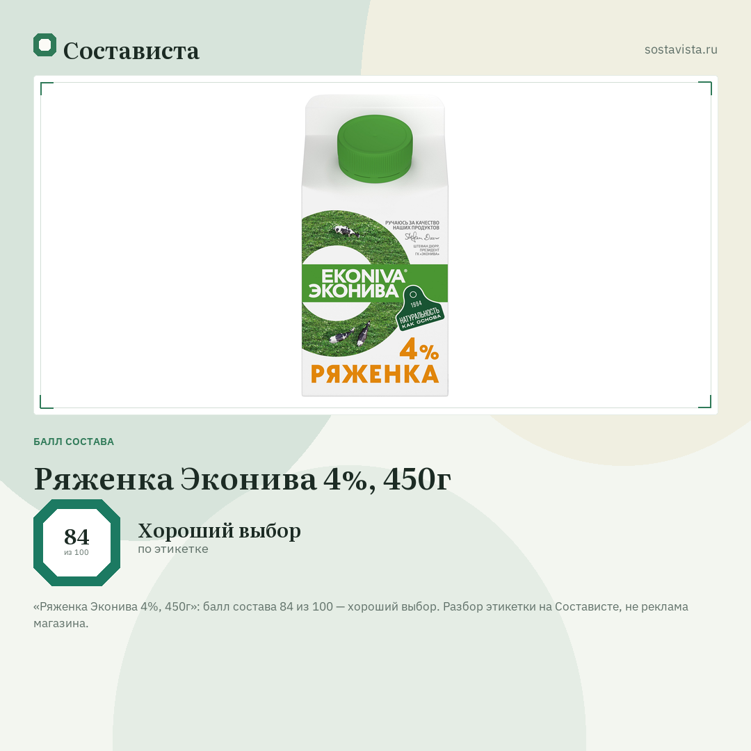 Ряженка Эконива 4%, 450г: балл состава 84 из 100 — Состависта