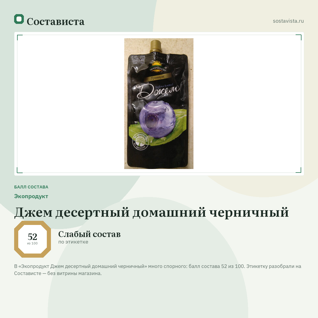 Экопродукт Джем десертный домашний черничный: балл состава 52 из 100 — Состависта