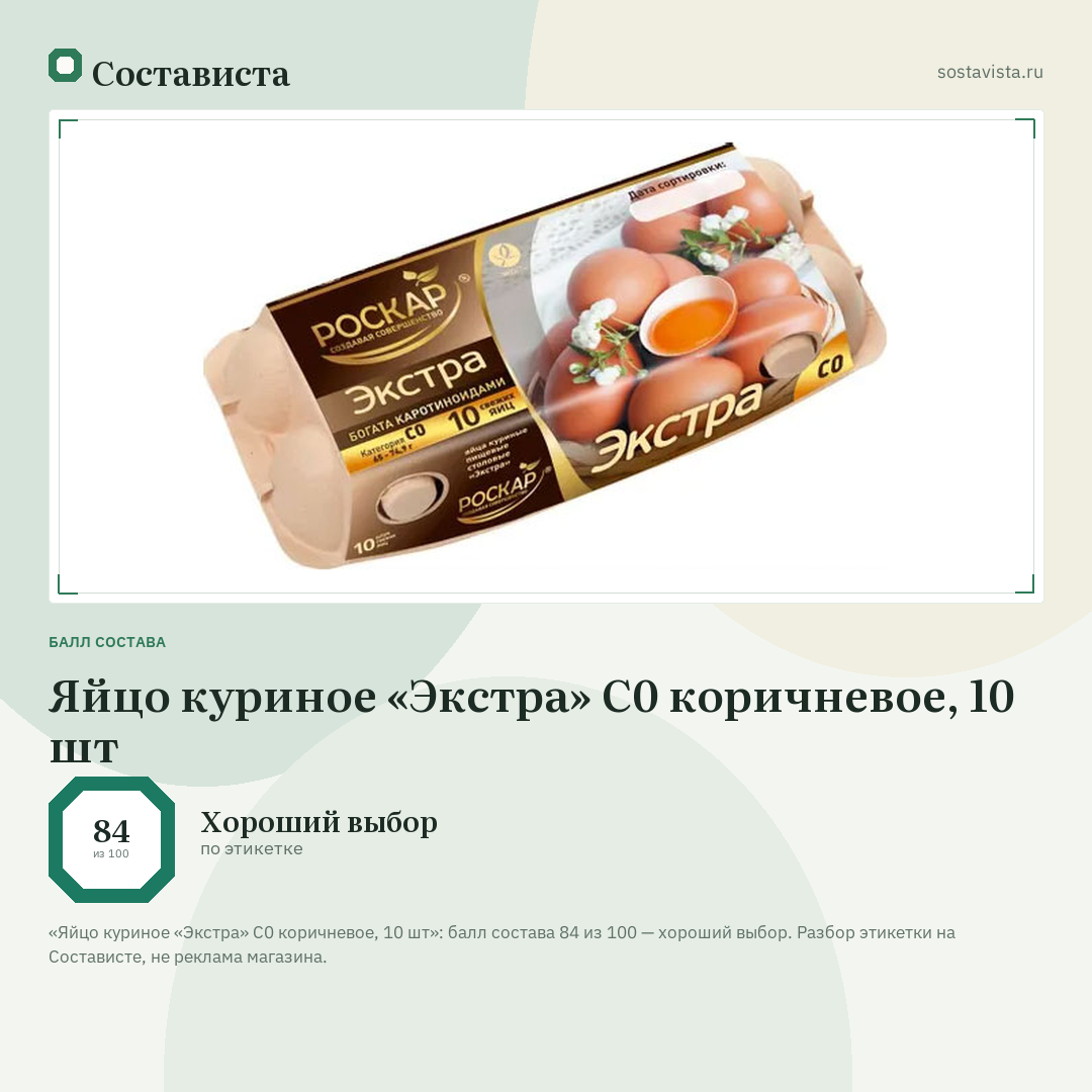 Яйцо куриное «Экстра» С0 коричневое, 10 шт: балл состава 84 из 100 — Состависта