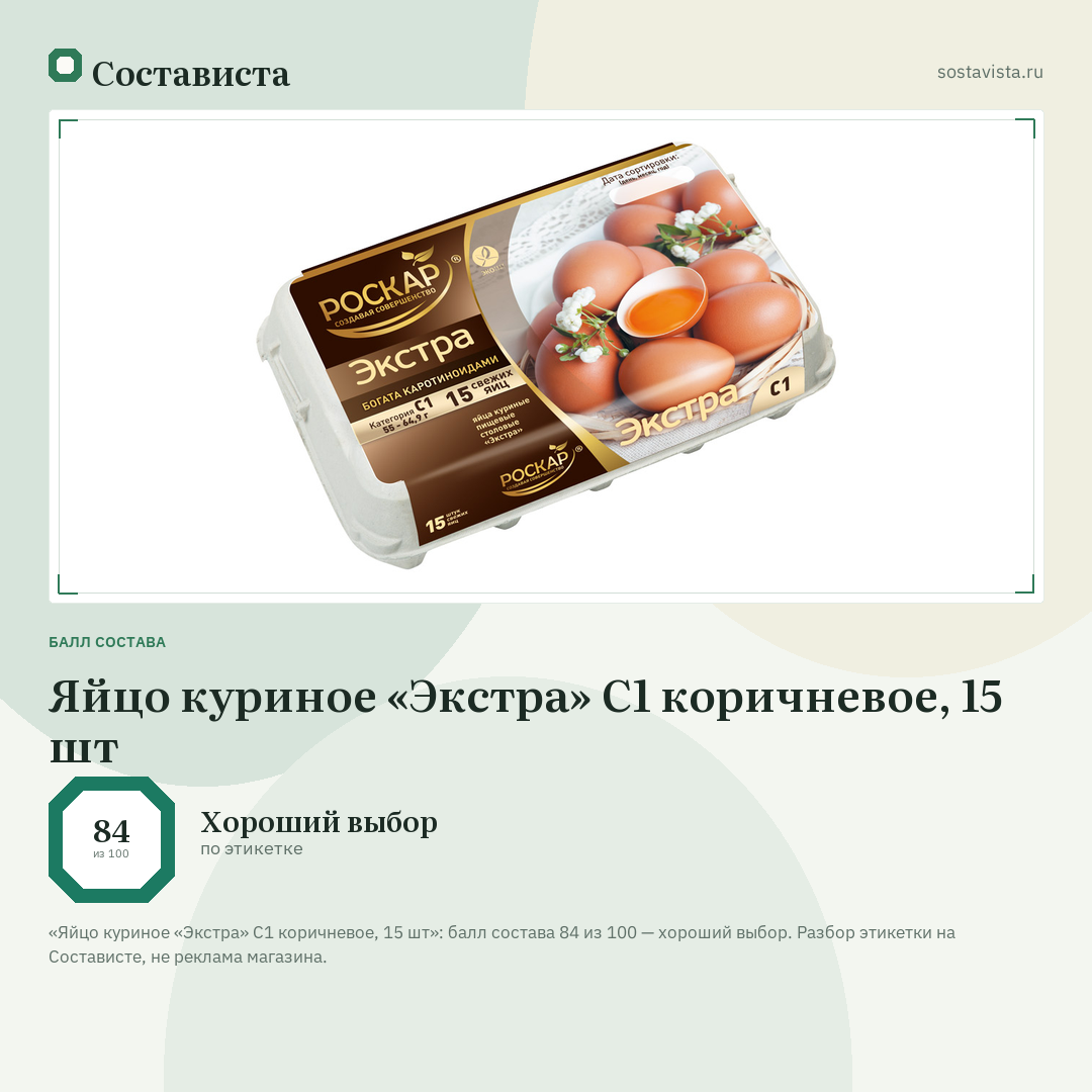Яйцо куриное «Экстра» С1 коричневое, 15 шт: балл состава 84 из 100 — Состависта