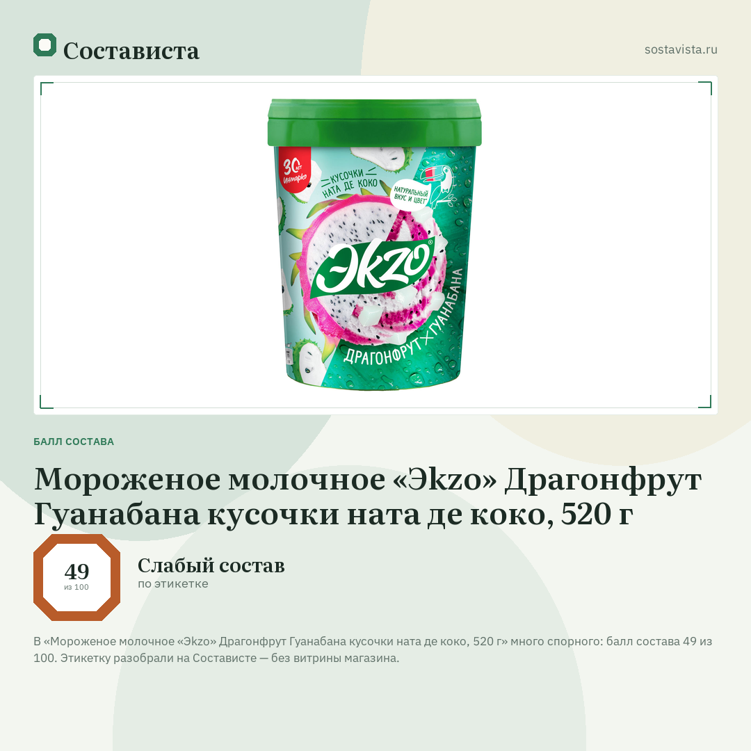 Мороженое молочное «Эkzo» Драгонфрут Гуанабана кусочки ната де коко, 520 г: балл состава 49 из 100 — Состависта