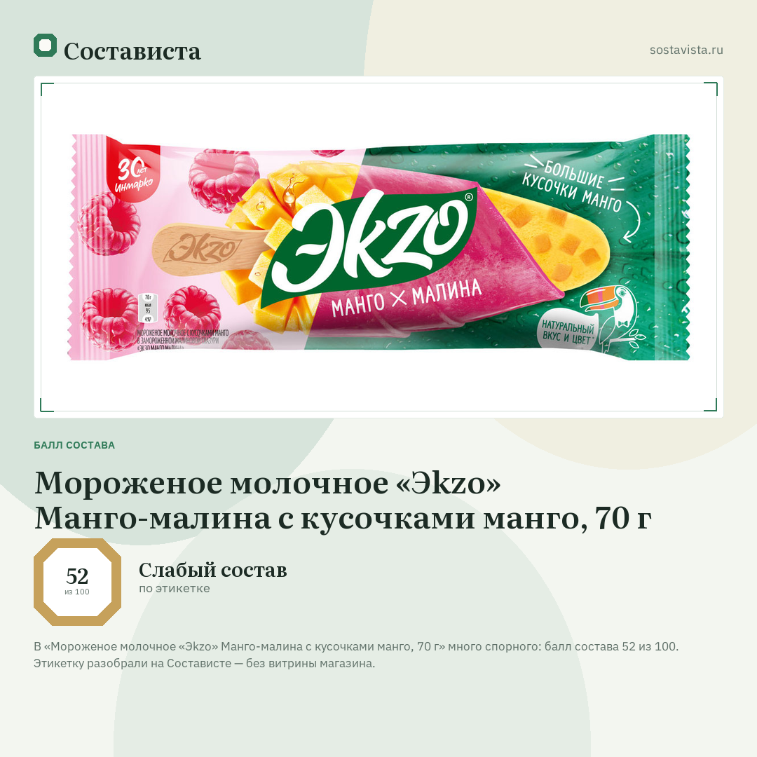 Мороженое молочное «Эkzo» Манго-малина с кусочками манго, 70 г: балл состава 52 из 100 — Состависта