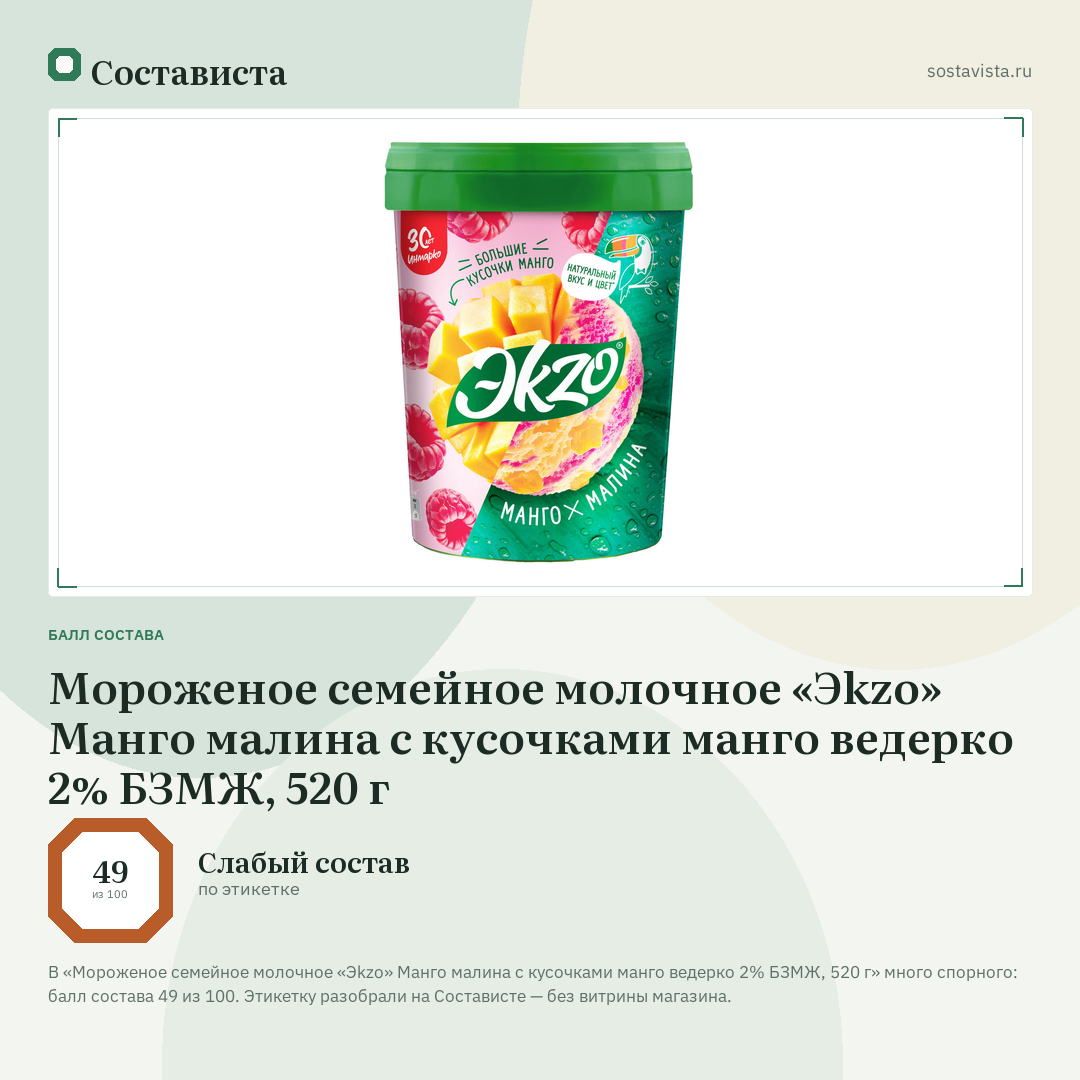 Мороженое семейное молочное «Эkzo» Манго малина с кусочками манго ведерко 2% БЗМЖ, 520 г: балл состава 49 из 100 — Состависта