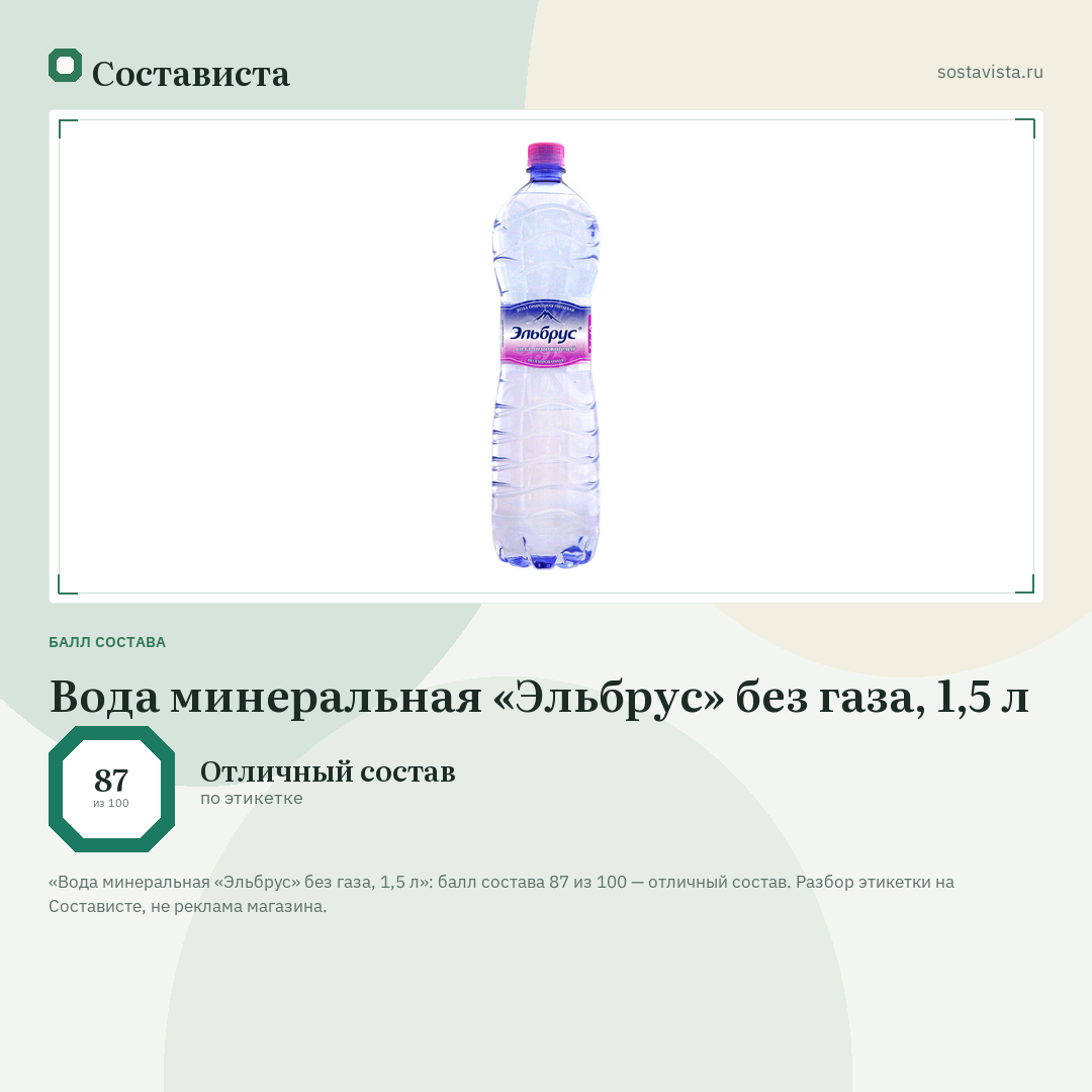 Вода минеральная «Эльбрус» без газа, 1,5 л: балл состава 87 из 100 — Состависта