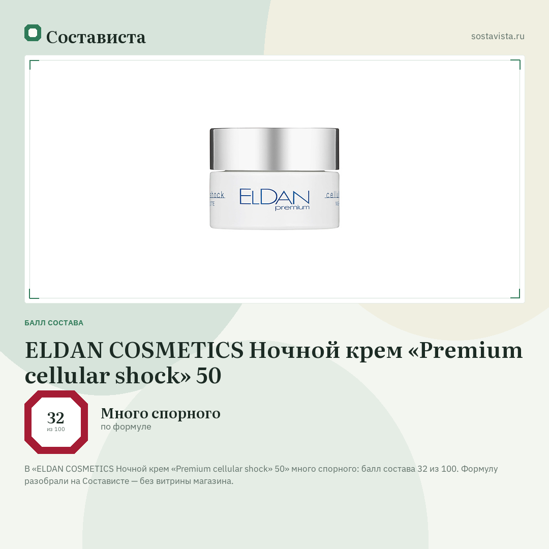 ELDAN COSMETICS Ночной крем «Premium cellular shock» 50: балл состава 32 из 100 — Состависта