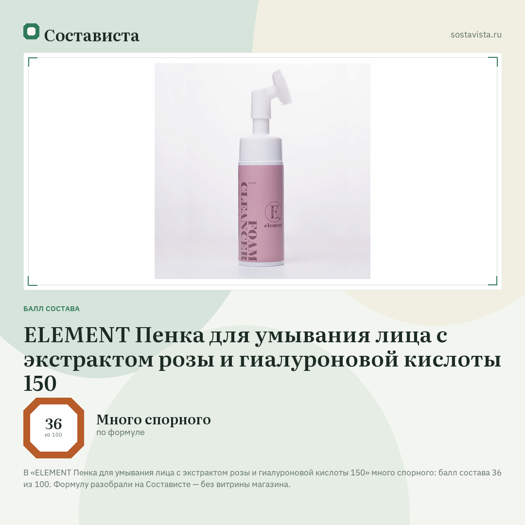 ELEMENT Пенка для умывания лица с экстрактом розы и гиалуроновой кислоты 150: балл состава 36 из 100 — Состависта