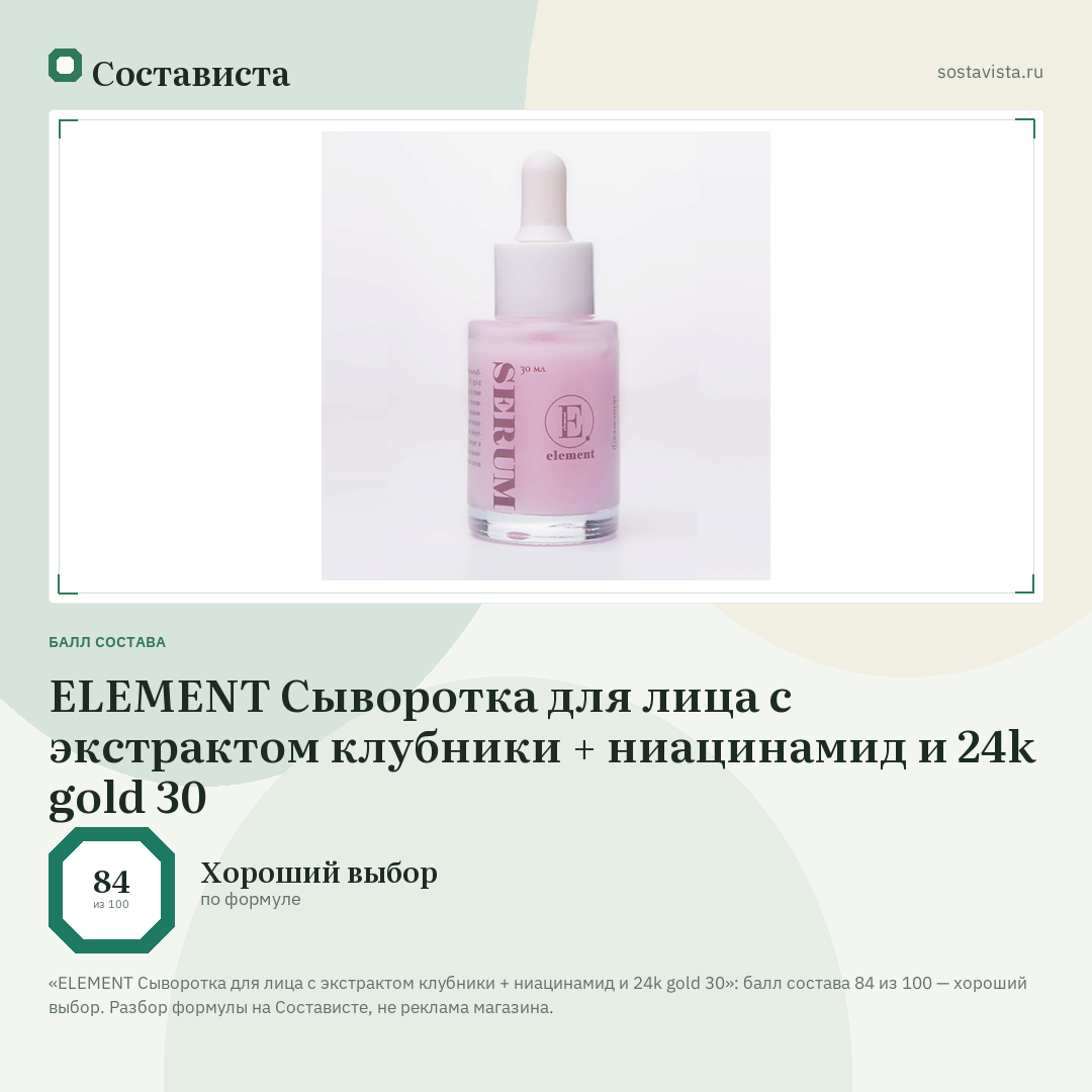 ELEMENT Сыворотка для лица с экстрактом клубники + ниацинамид и 24k gold 30: балл состава 84 из 100 — Состависта