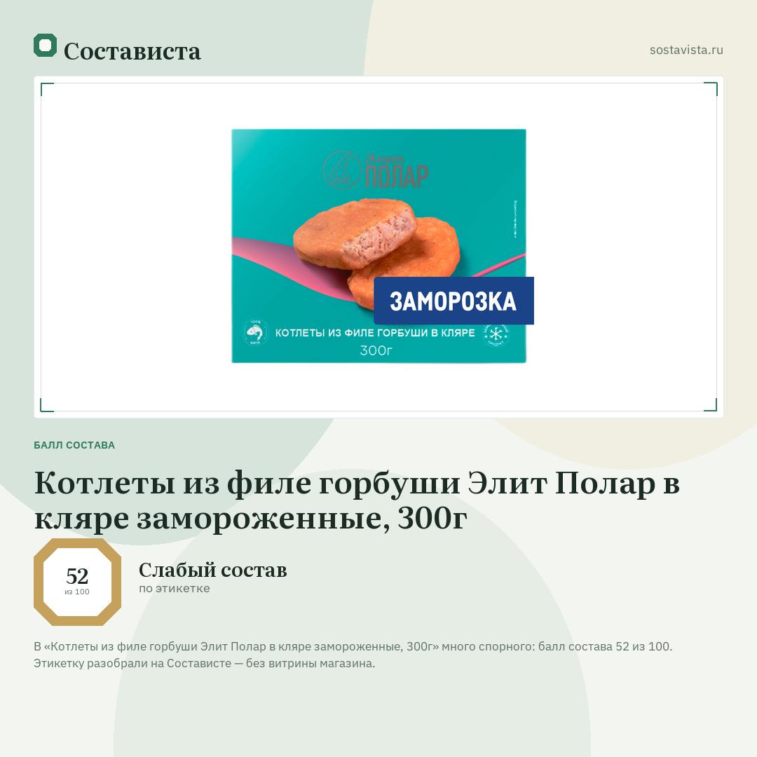 Котлеты из филе горбуши Элит Полар в кляре замороженные, 300г: балл состава 52 из 100 — Состависта