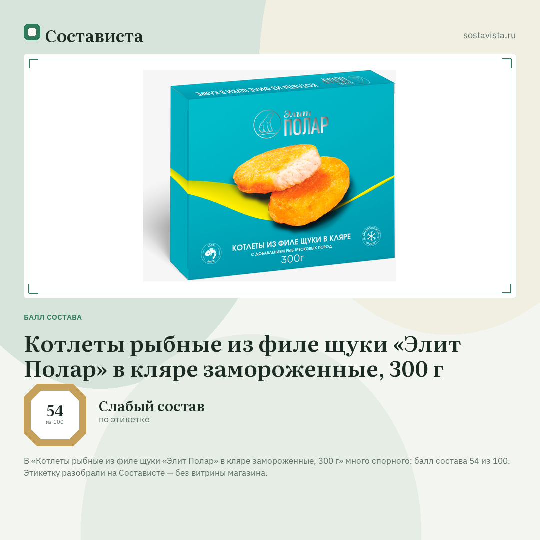 Котлеты рыбные из филе щуки «Элит Полар» в кляре замороженные, 300 г: балл состава 54 из 100 — Состависта