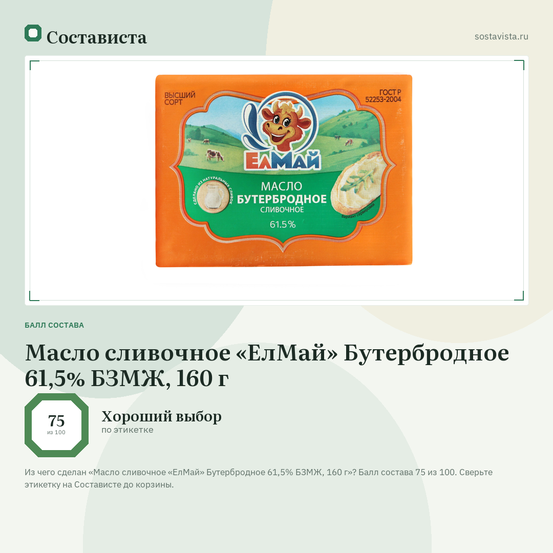 Масло сливочное «ЕлМай» Бутербродное 61,5% БЗМЖ, 160 г: балл состава 75 из 100 — Состависта