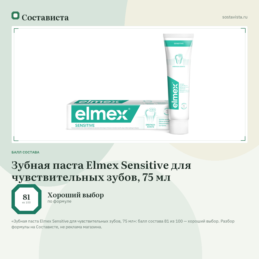 Зубная паста Elmex Sensitive для чувствительных зубов, 75 мл: балл состава 81 из 100 — Состависта