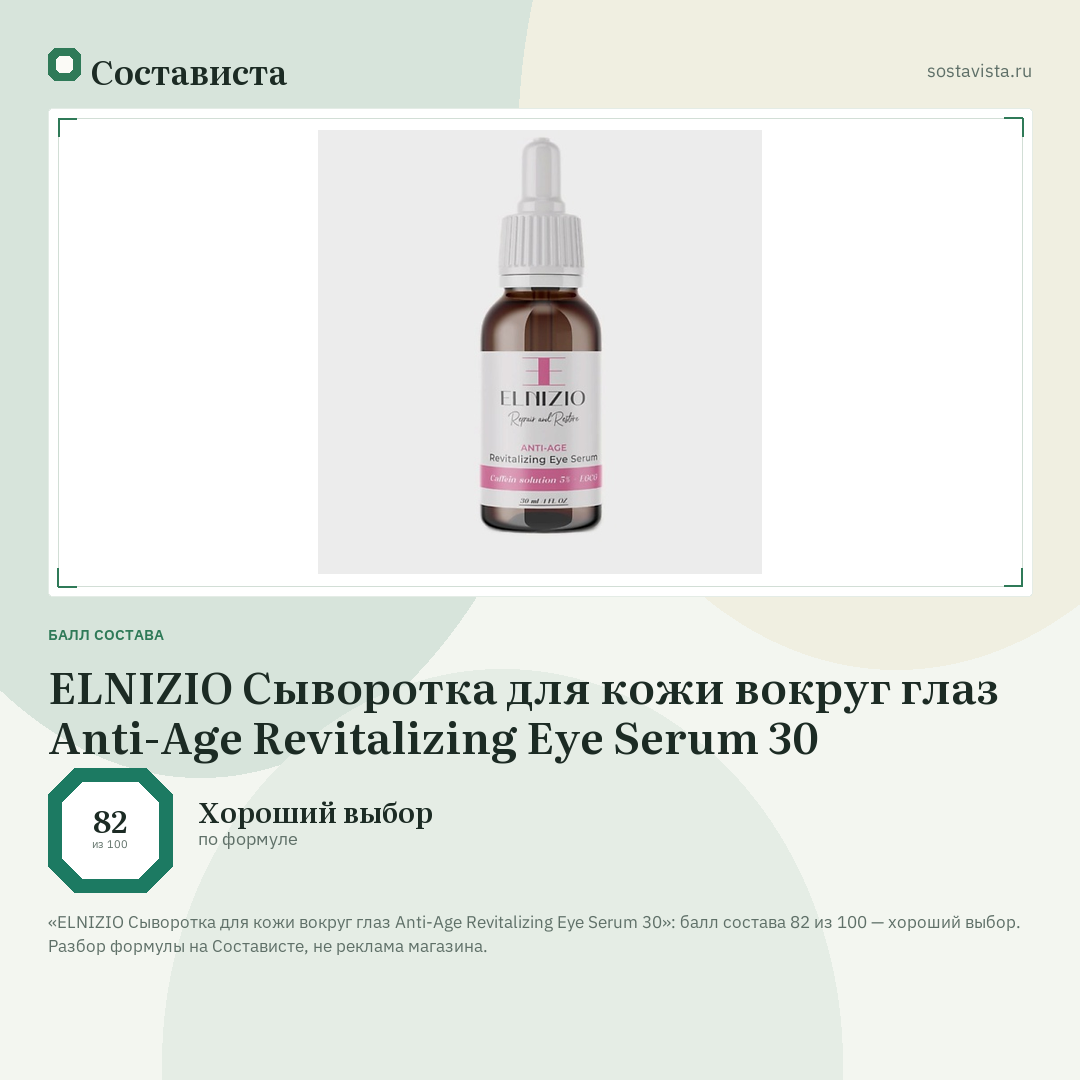 ELNIZIO Сыворотка для кожи вокруг глаз Anti-Age Revitalizing Eye Serum 30: балл состава 82 из 100 — Состависта