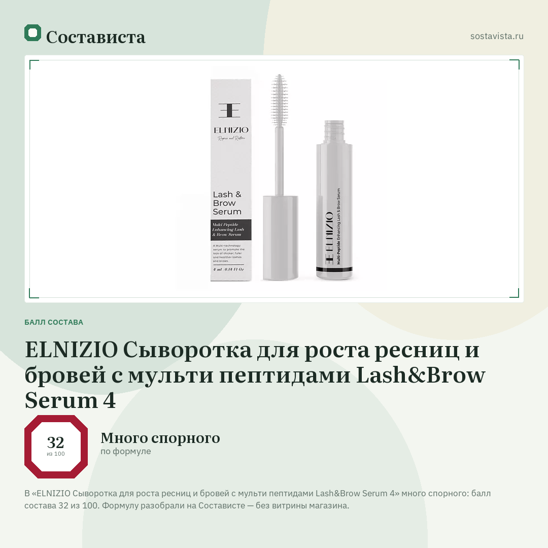 ELNIZIO Сыворотка для роста ресниц и бровей с мульти пептидами Lash&Brow Serum 4: балл состава 32 из 100 — Состависта