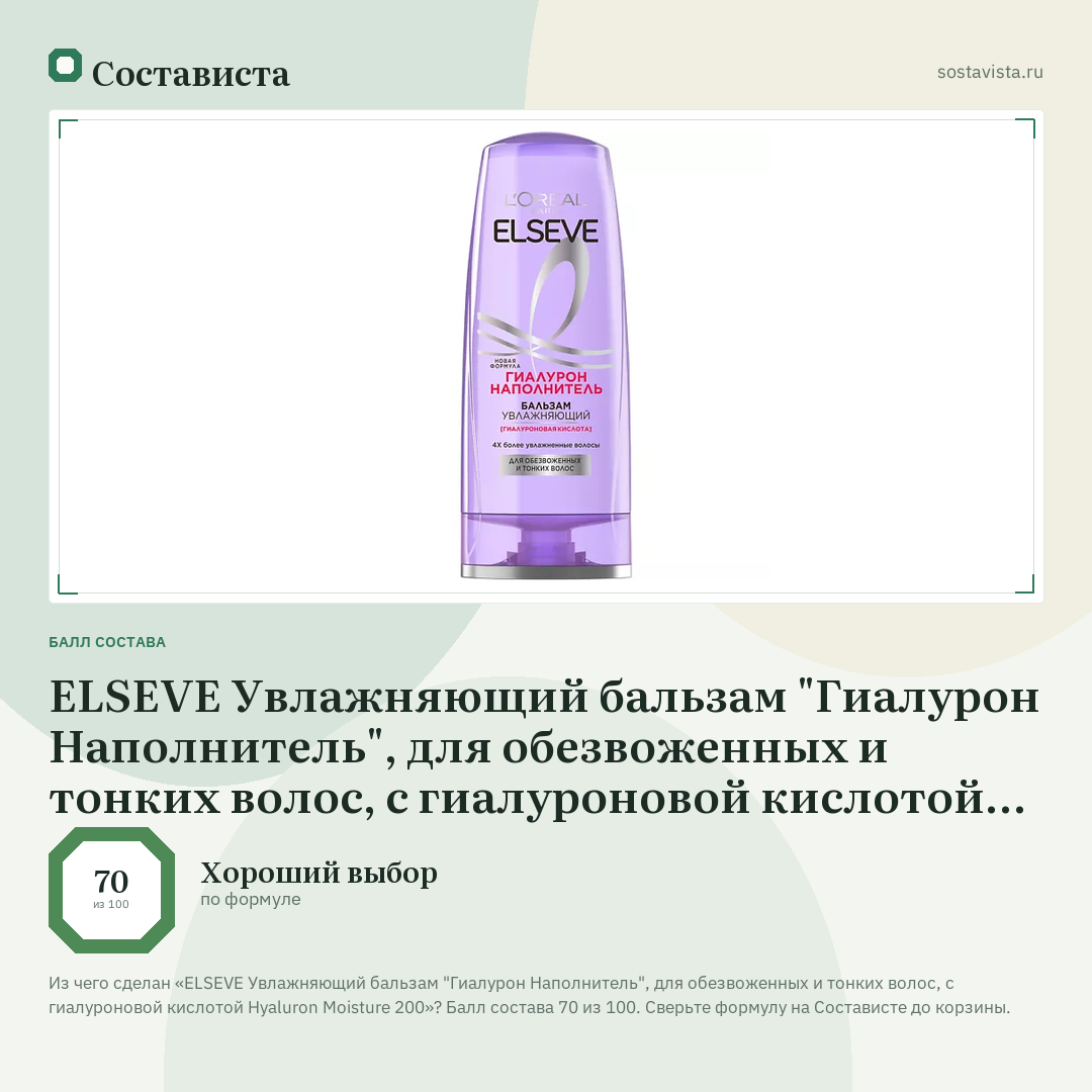ELSEVE Увлажняющий бальзам "Гиалурон Наполнитель", для обезвоженных и тонких волос, с гиалуроновой кислотой Hyaluron Moisture 200: балл состава 70 из 100 — Состависта