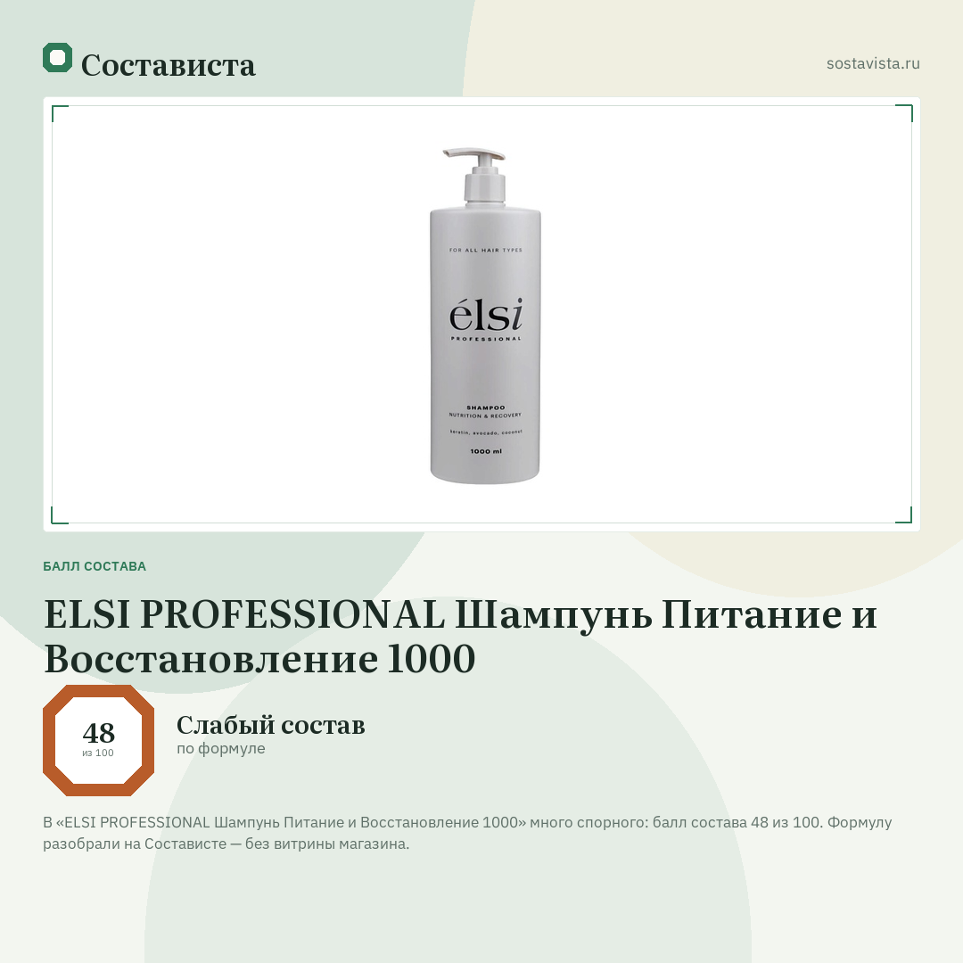 ELSI PROFESSIONAL Шампунь Питание и Восстановление 1000: балл состава 48 из 100 — Состависта