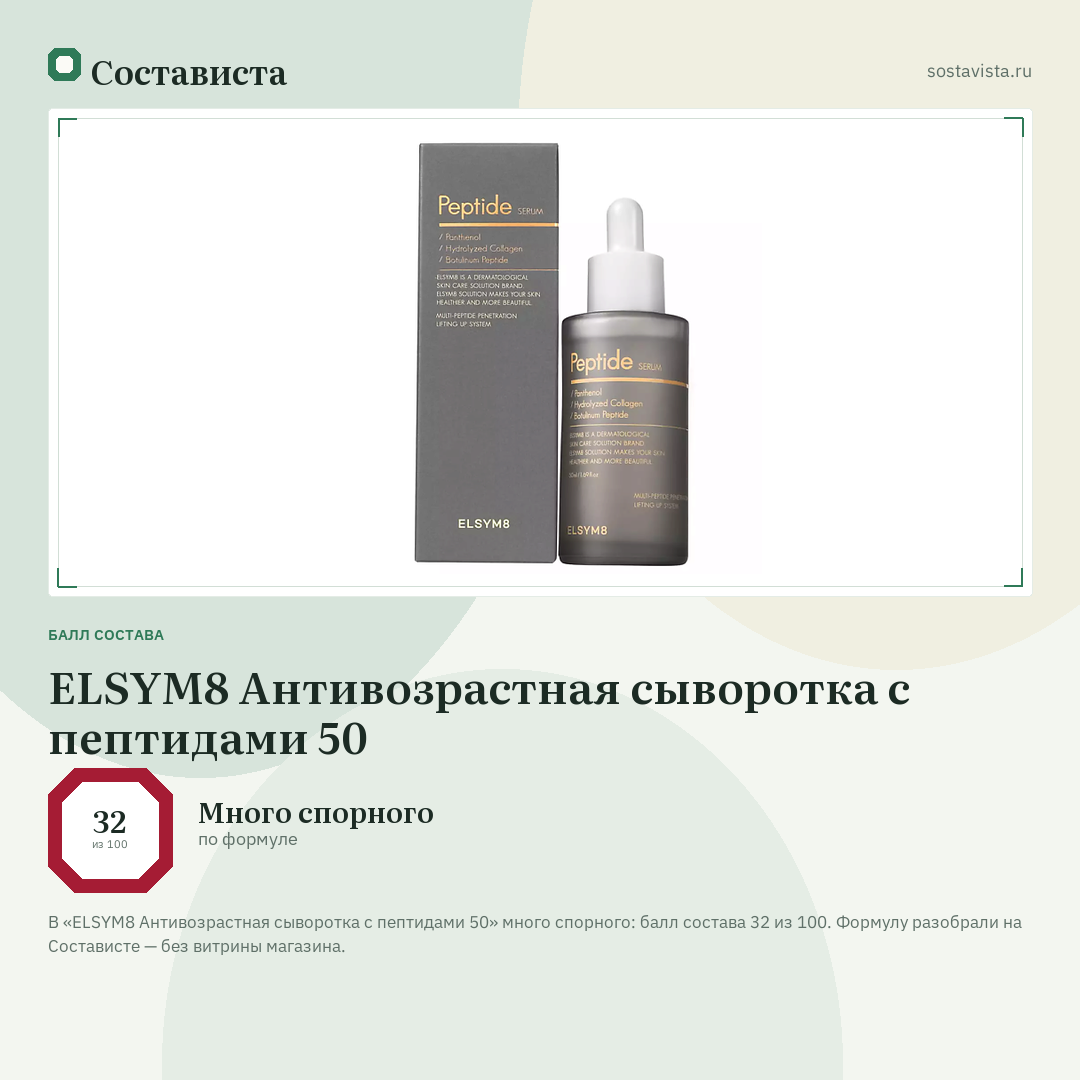ELSYM8 Антивозрастная сыворотка с пептидами 50: балл состава 32 из 100 — Состависта