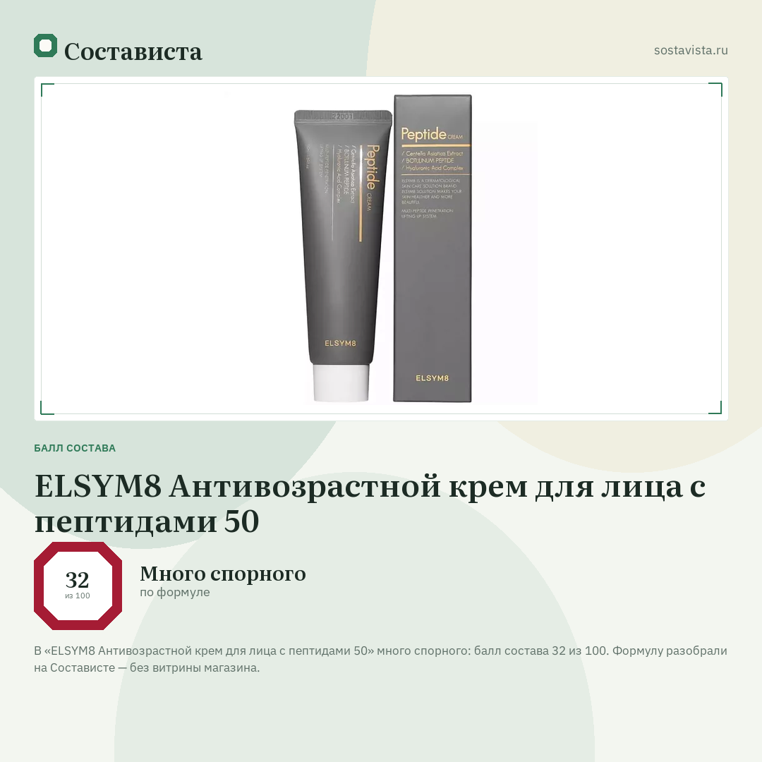ELSYM8 Антивозрастной крем для лица с пептидами 50: балл состава 32 из 100 — Состависта