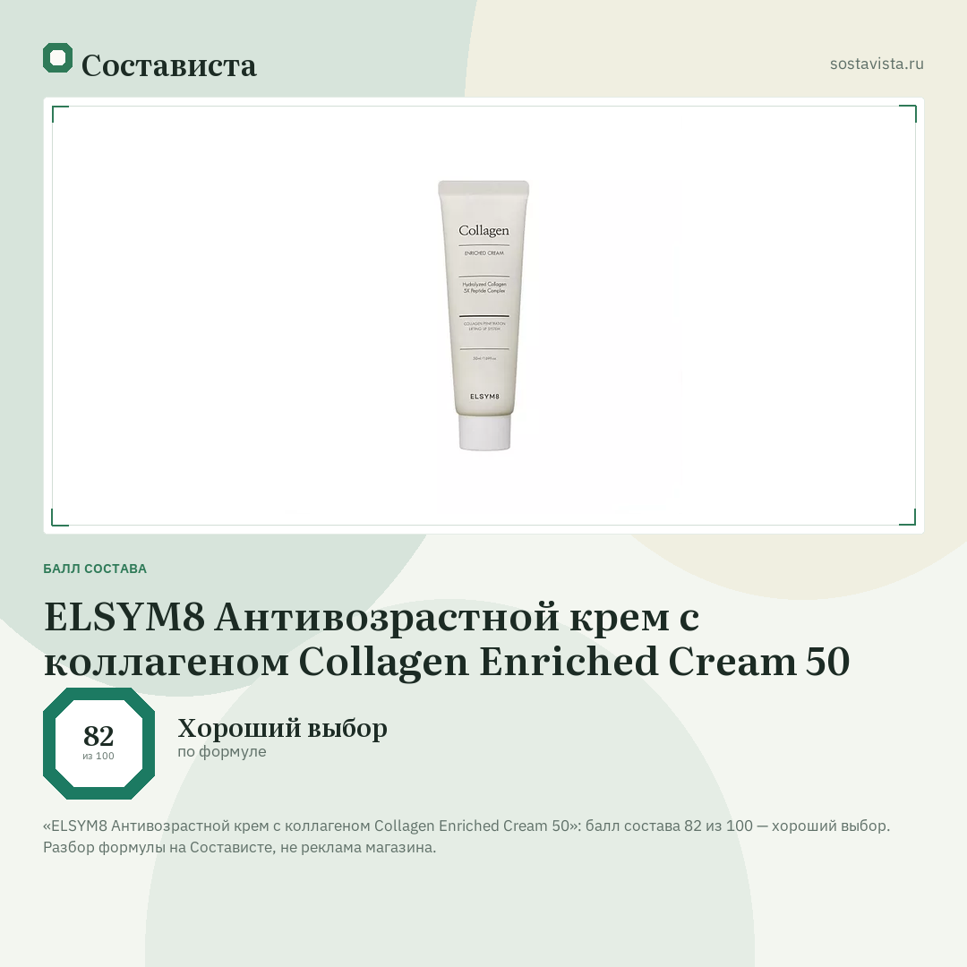 ELSYM8 Антивозрастной крем с коллагеном Collagen Enriched Cream 50: балл состава 82 из 100 — Состависта