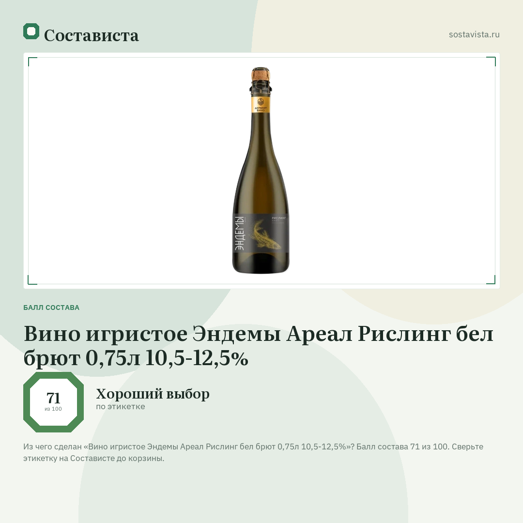 Вино игристое Эндемы Ареал Рислинг бел брют 0,75л 10,5-12,5%: балл состава 71 из 100 — Состависта