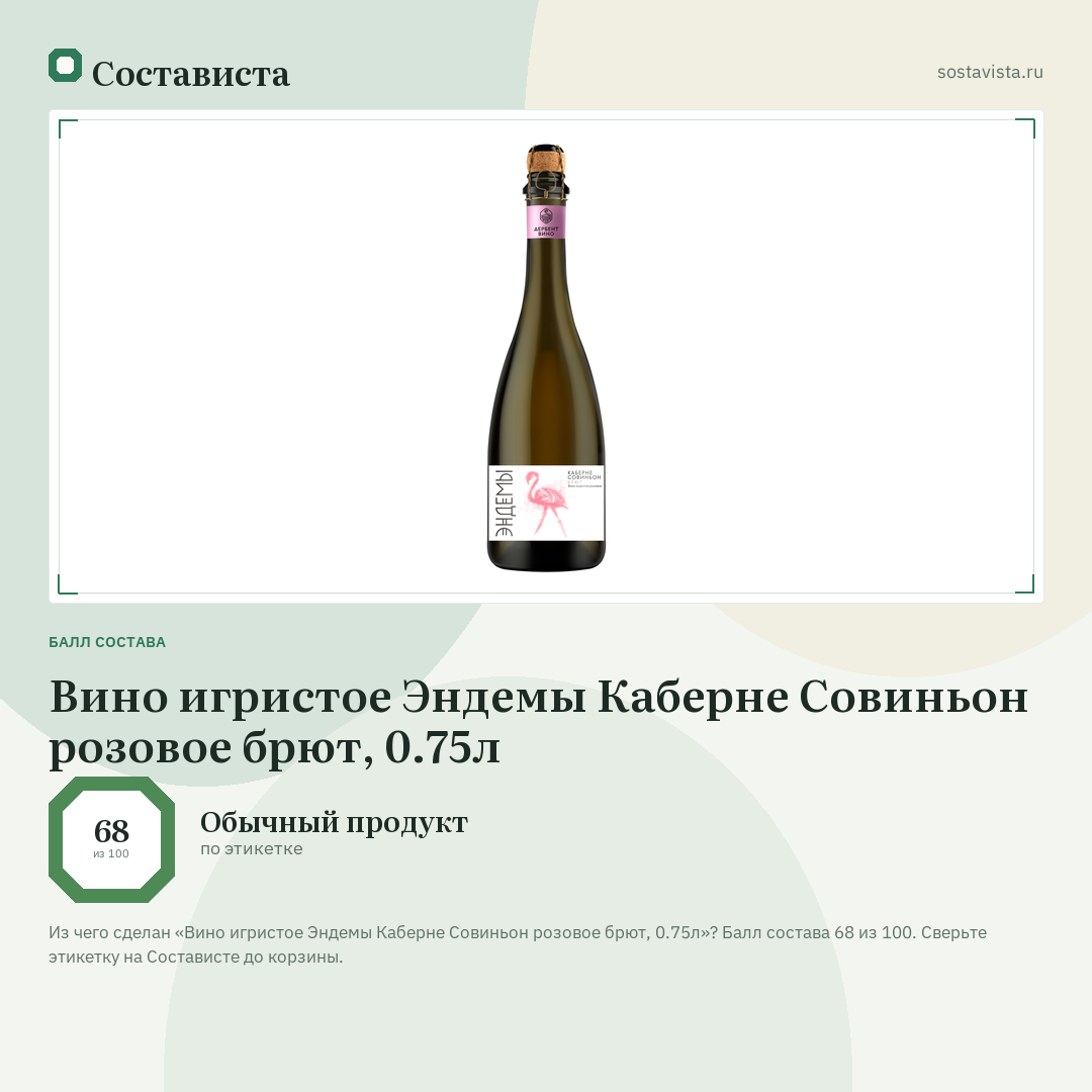 Вино игристое Эндемы Каберне Совиньон розовое брют, 0.75л: балл состава 68 из 100 — Состависта