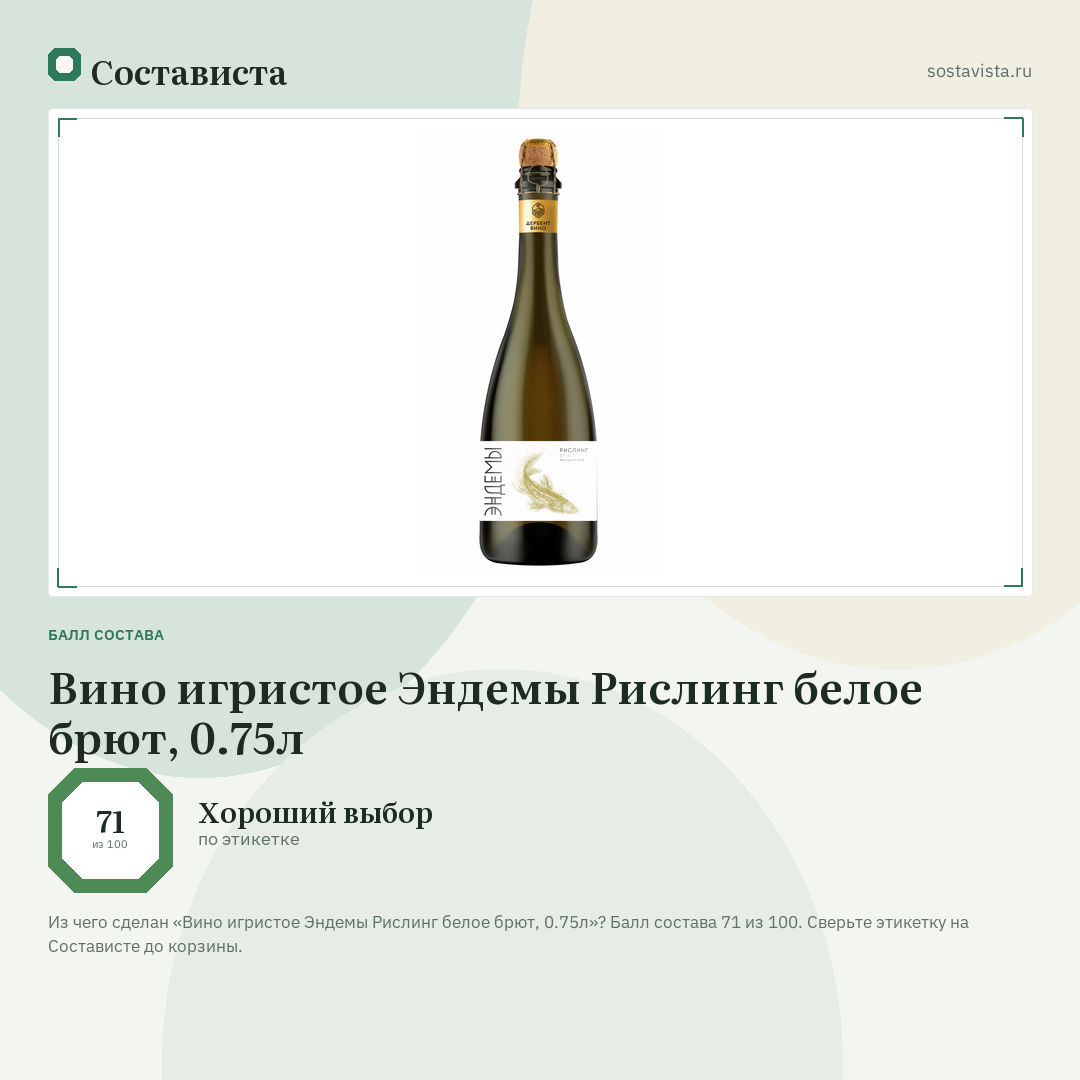Вино игристое Эндемы Рислинг белое брют, 0.75л: балл состава 71 из 100 — Состависта