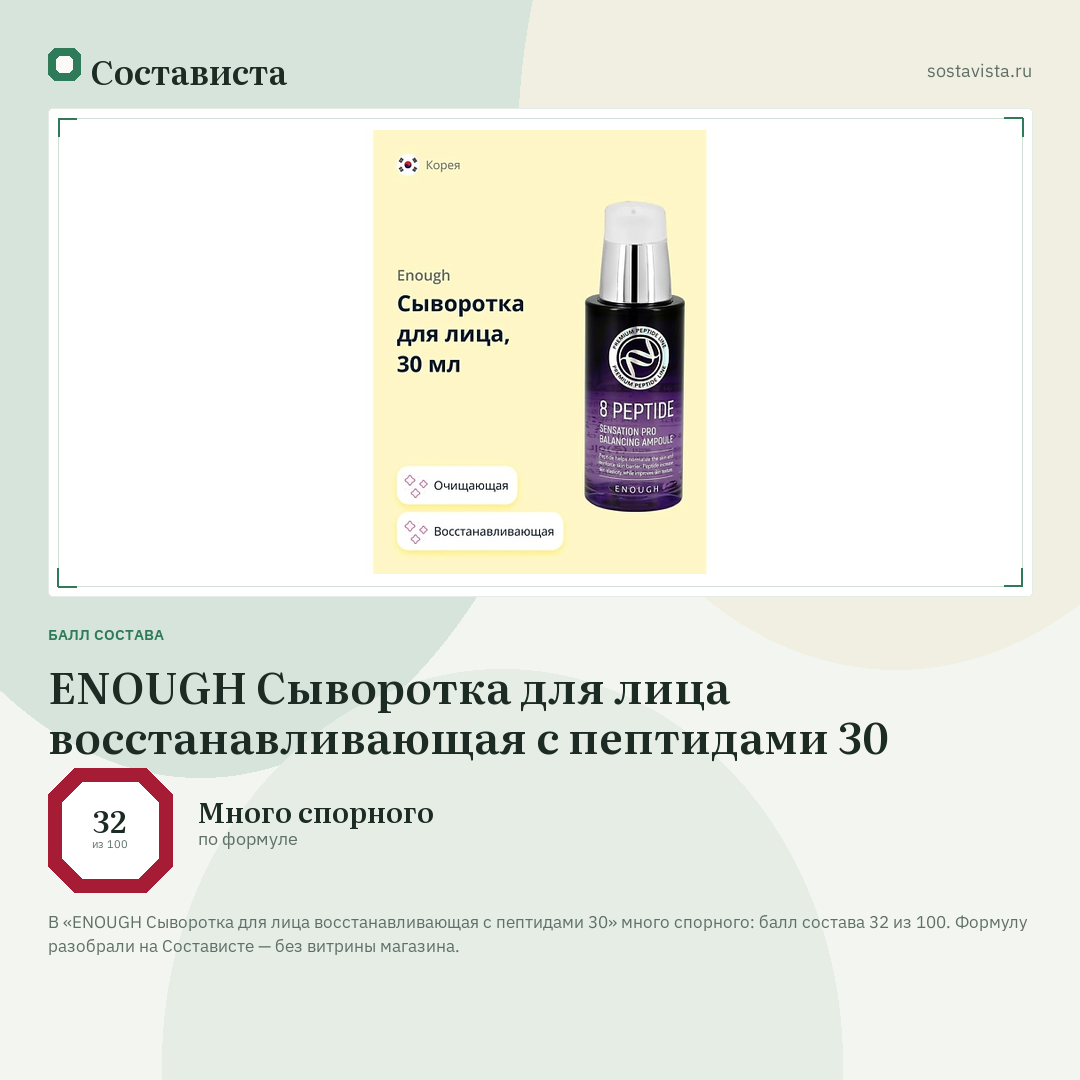 ENOUGH Сыворотка для лица восстанавливающая с пептидами 30: балл состава 32 из 100 — Состависта