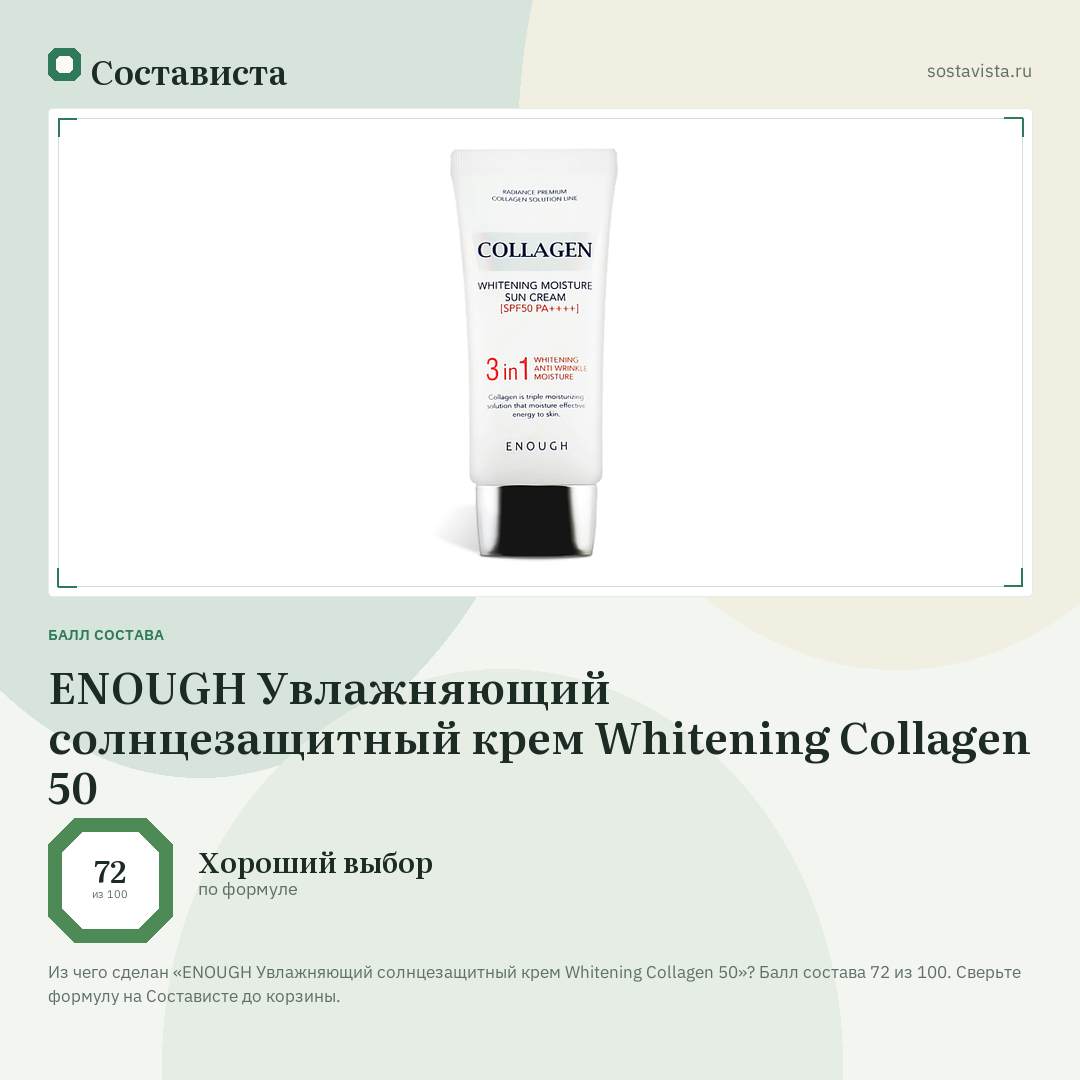 ENOUGH Увлажняющий солнцезащитный крем Whitening Collagen 50: балл состава 72 из 100 — Состависта